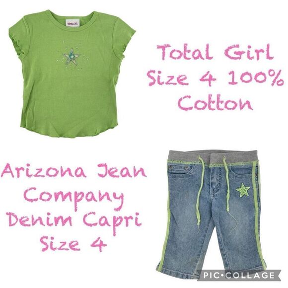 Y2K Girls 2-Piece Outfit – Green Embellished Tee & Denim Striped Capris, Size 4 - Picture 16 of 16